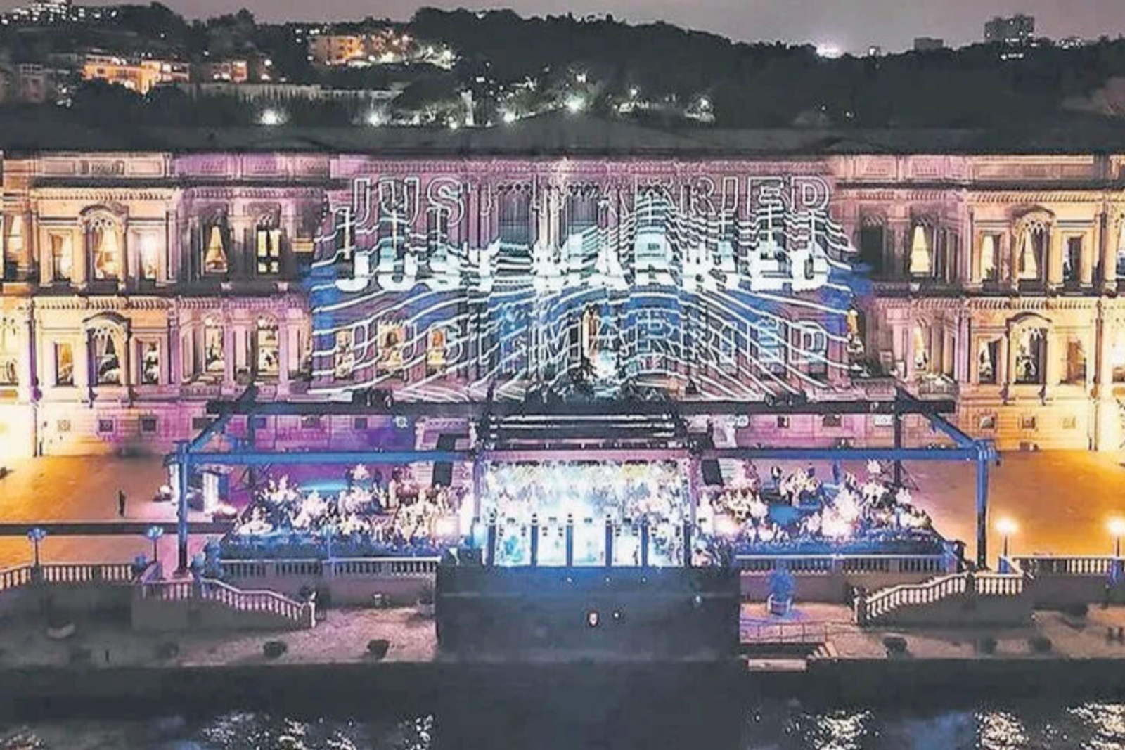 Bosphorus-side venue illuminated with 