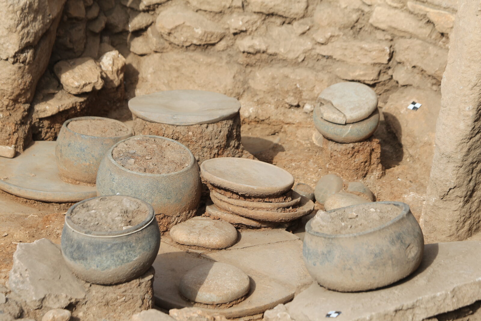  Excavation site in Karahantepe, Sanliurfa, revealing wolf jaws, leopard, vulture, and fox bones along with fire pits and stone vessels, Türkiye.