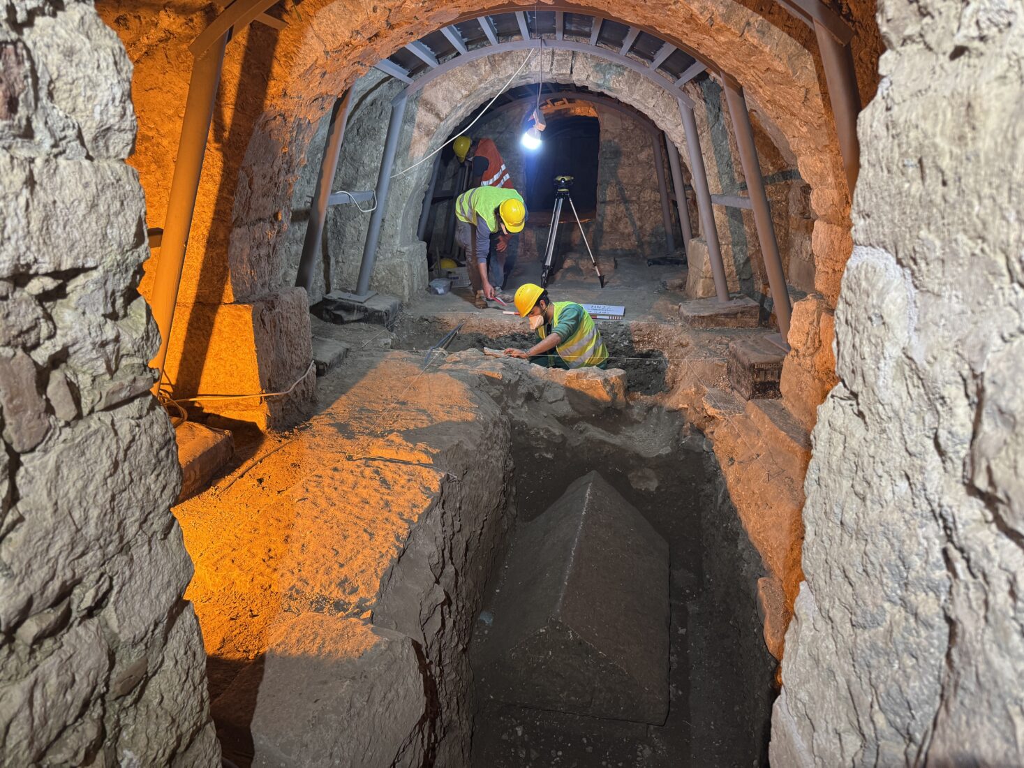 Archaeologists excavate a sarcophagus at St. Nicholas Church in Demre, Antalya, Türkiye.