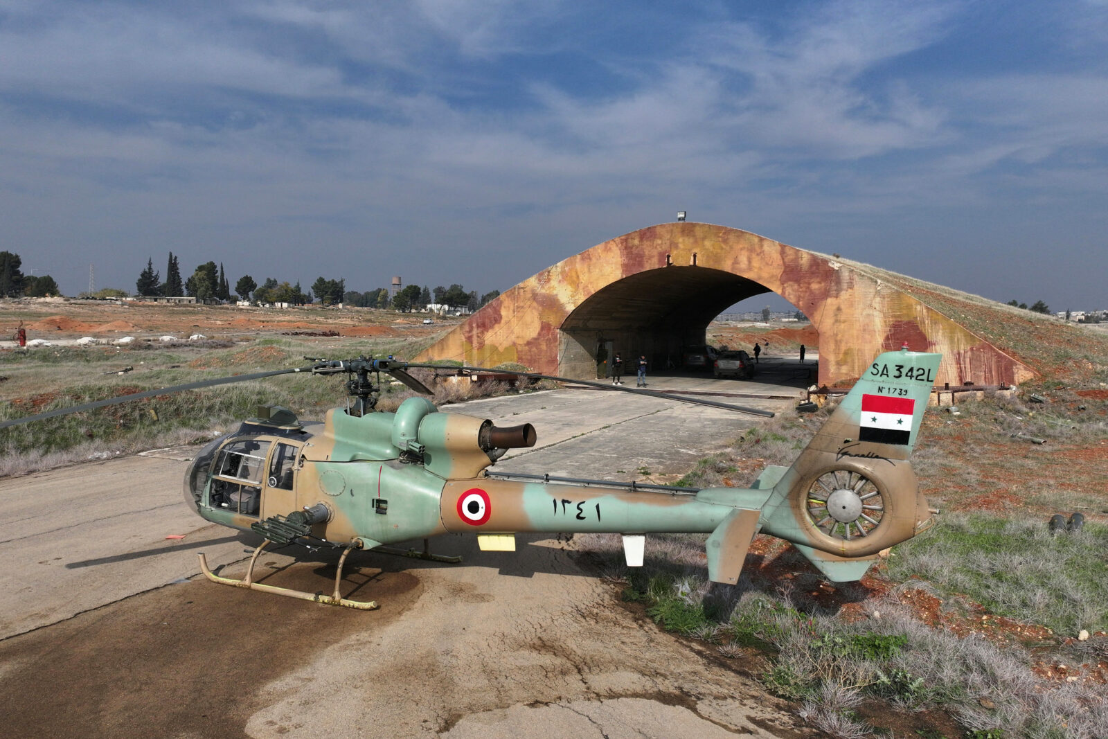This aerial view shows a helicopter 