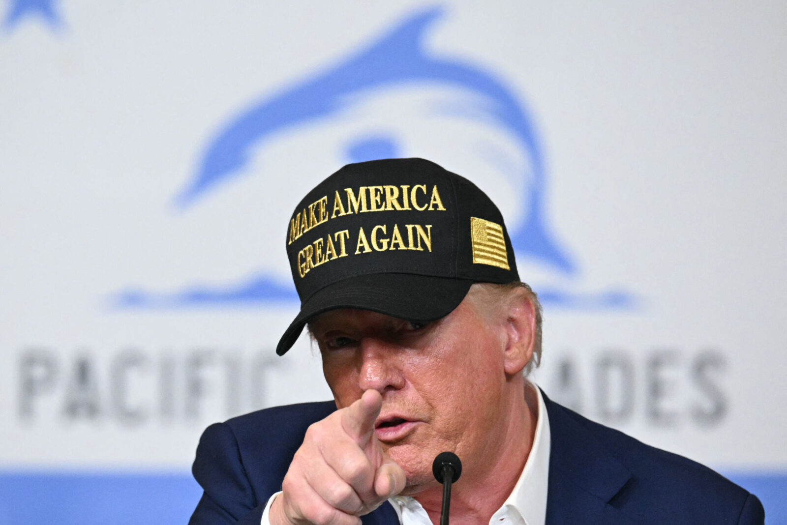 Photo shows US President Donald Trump wearing a black MAGA hat pointing at camera 