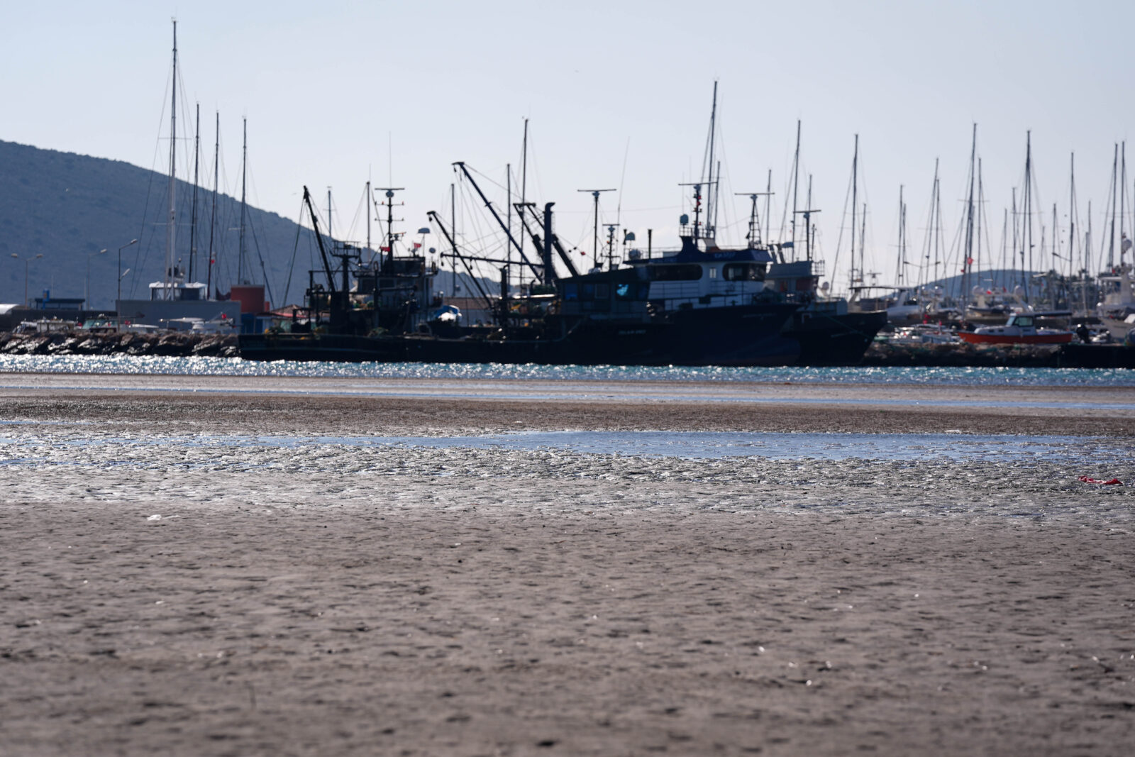 Strong gale-force winds cause water to recede by 300 meters in Alacati Port, Cesme, Izmir, Türkiye, on February 11, 2025.