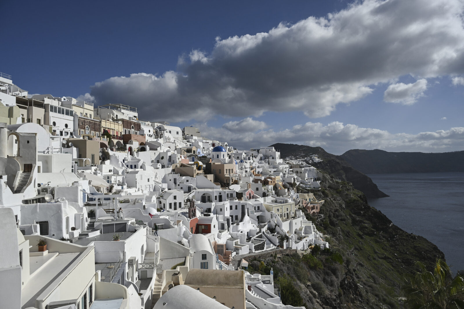 Photo shows a general view of the Oia village on the Greek island of Santorini