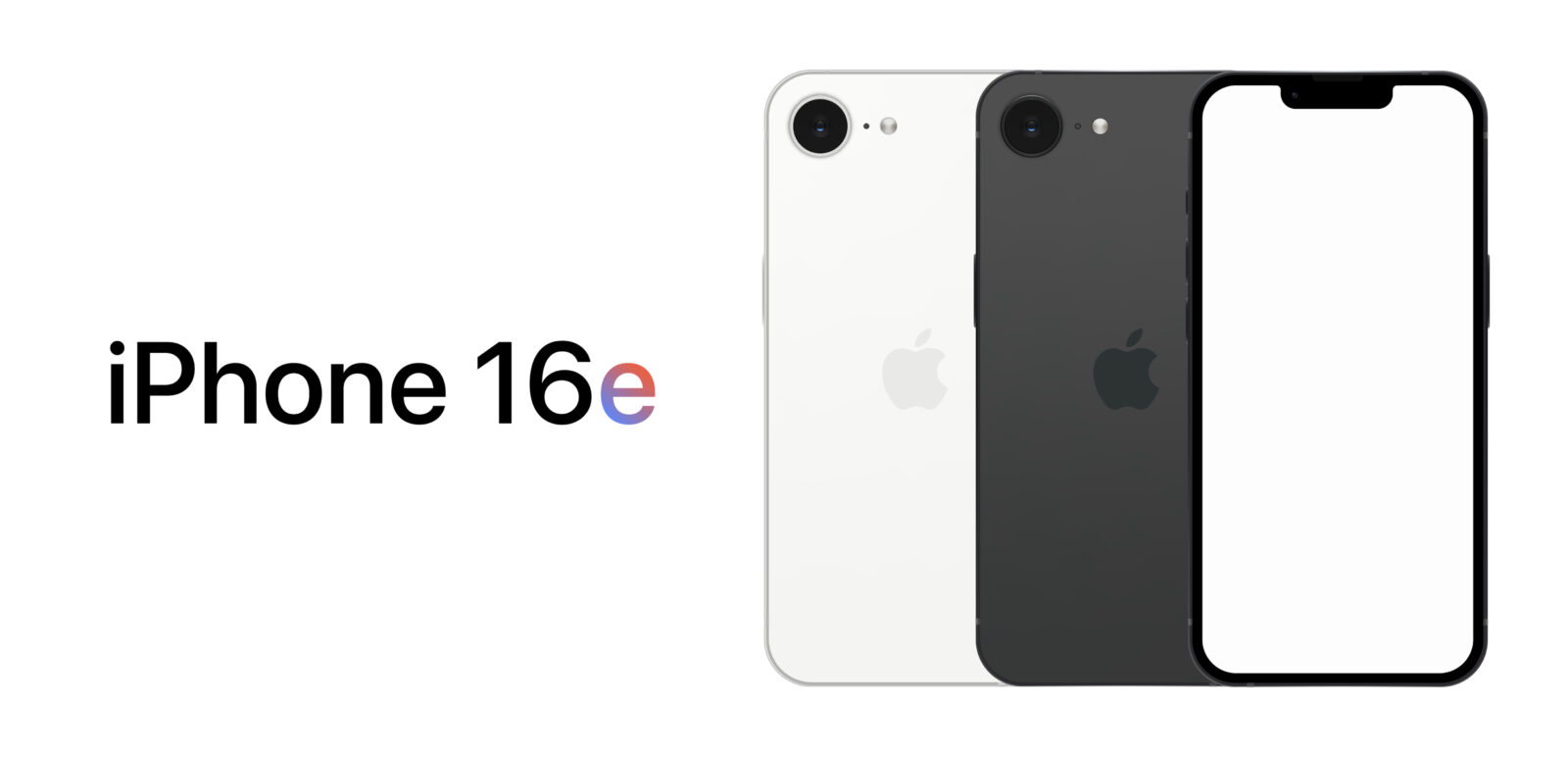 A digital image of the iPhone 16e in white and black colors, showing the rear and front designs. The back features a single camera and Apple logo, while the front has a notched display. The 