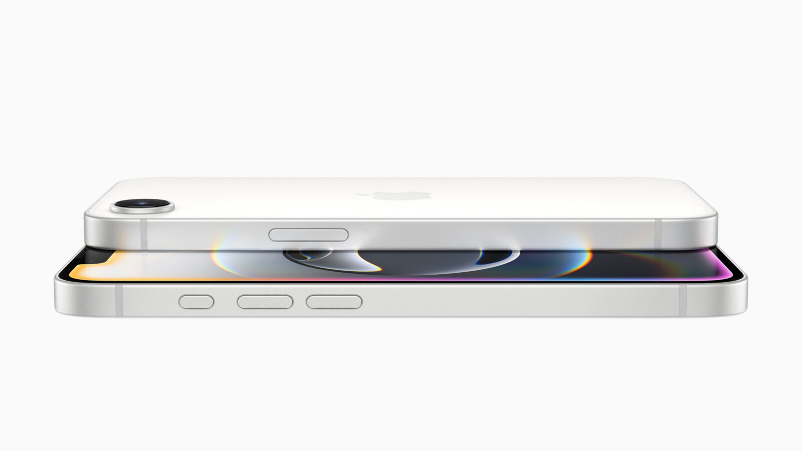 A side view of two stacked Apple iPhones in white, showcasing the device