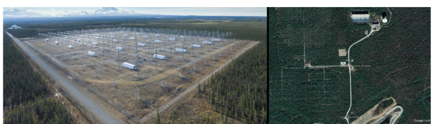 A photo collage showing two ionosphere heating facilities: the HAARP facility in Gakona, Alaska, on the left, and the Tromsø facility in Norway on the right.