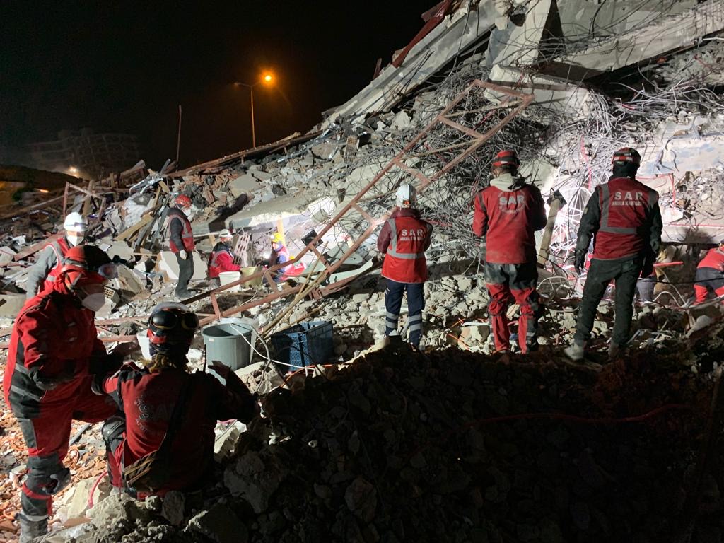 A group of search and rescue workers in red uniforms and protective gear carefully navigate the rubble of a collapsed building in Antakya, Türkiye
