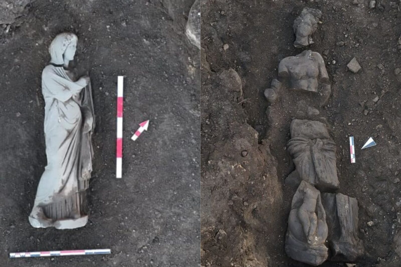 Two ancient statues from different periods, discovered during excavations in Türkiye