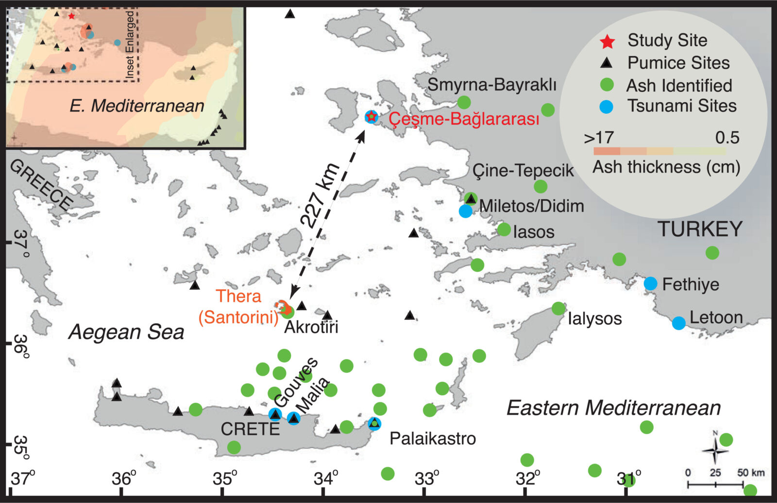 Santorini volcano - Map displaying the Aegean and Eastern Mediterranean Seas, emphasizing locations with evidence of the LBA eruption of Thera (