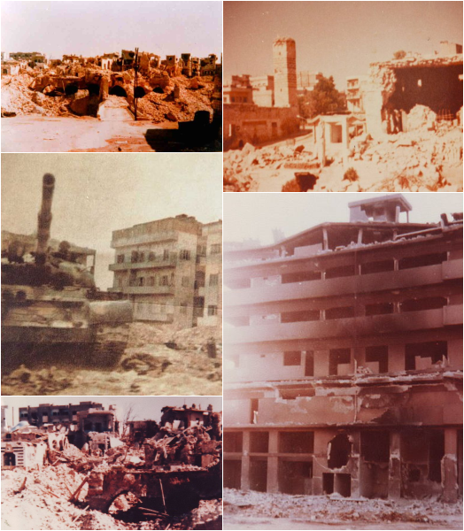 A collage of five historical photographs from the 1982 Hama massacre in Syria. The images show heavily damaged buildings, streets filled with rubble, and a military tank in a war-torn urban area. The destruction reflects the widespread devastation caused by the government assault.