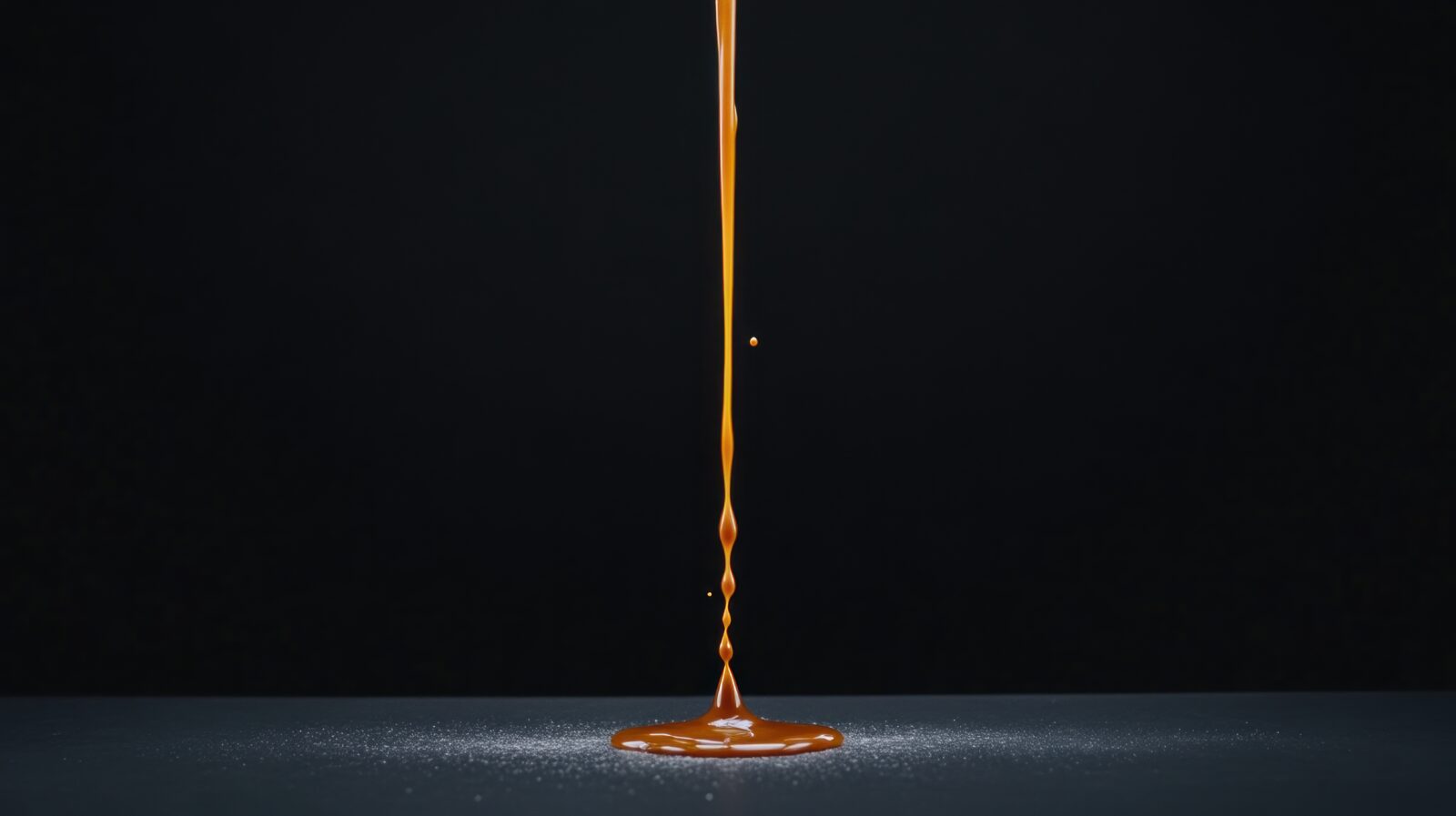 Close-up of honey being poured on a dark kitchen counter.