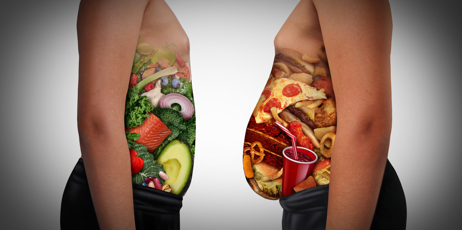 A digital illustration showing two human torsos—one filled with fresh fruits and vegetables, the other packed with fast food—representing the effects of healthy and unhealthy eating habits on obesity.
