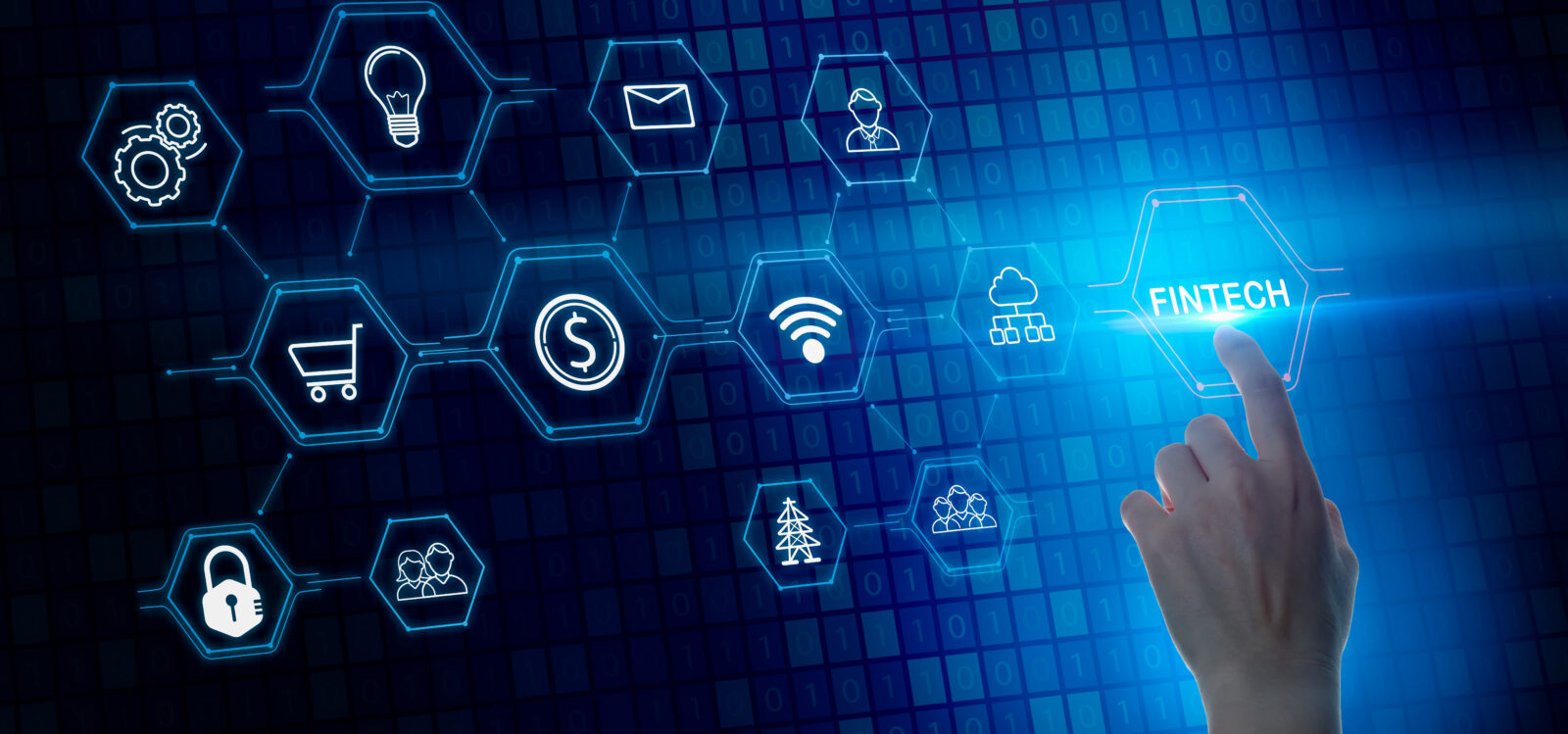 Hand pointing at a digital fintech interface surrounded by icons for finance, shopping, and security, representing the expansion of Ozan Ozerk’s fintech initiatives.