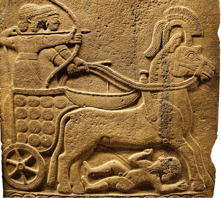 A stone relief depicts a chariot
