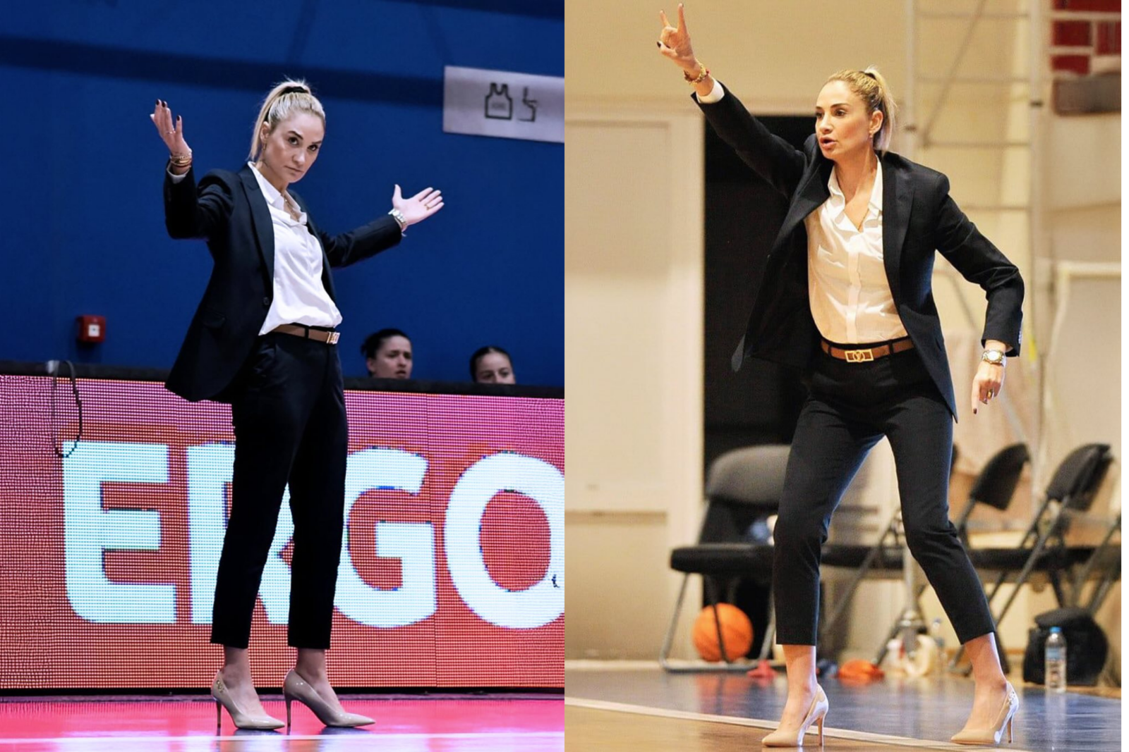 Turkish basketball coach Selen Erdem gestures during a game, wearing a tailored black suit with high heels.
