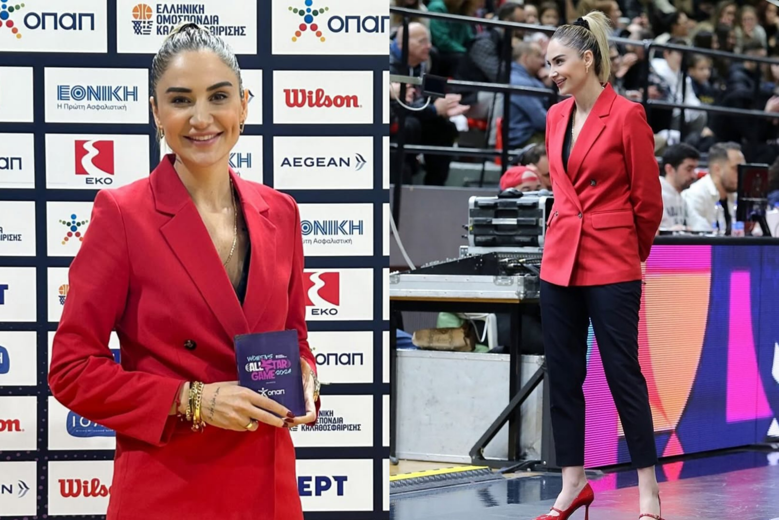 Selen Erdem in a red blazer holding some cards, and another image of her standing courtside in black pants and red heels.
