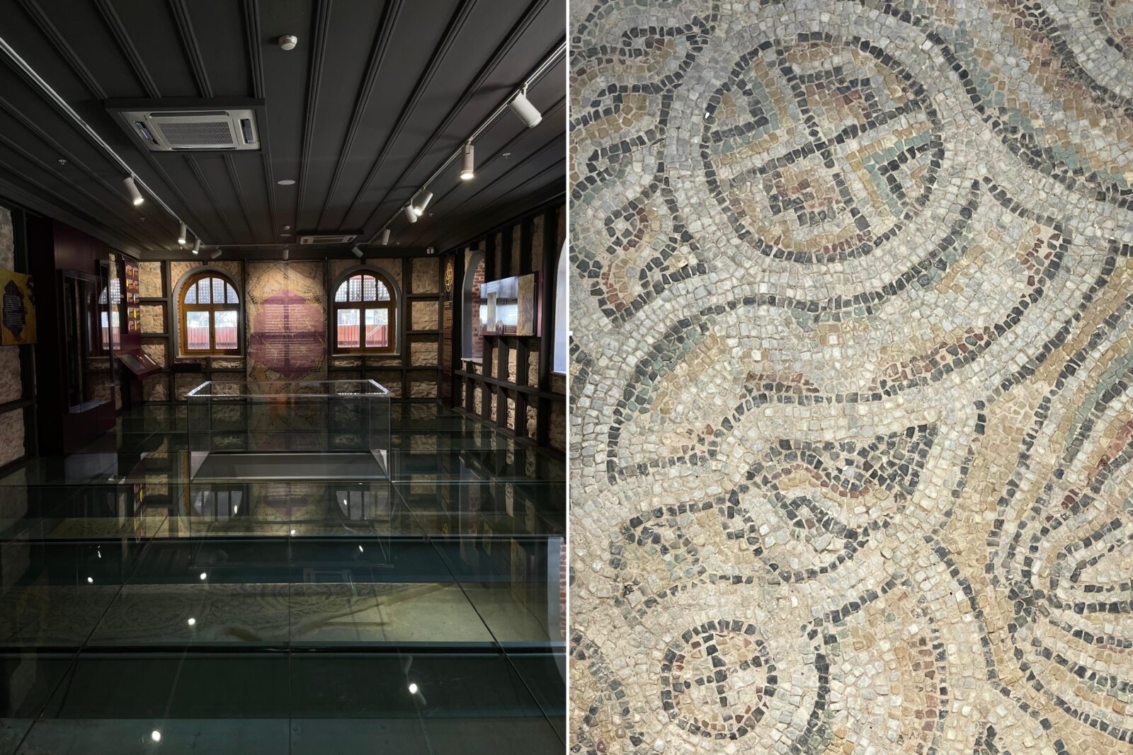 A mosaic floor displayed under a protective glass structure inside Kazlicesme Sanat in Zeytinburnu, Istanbul.
