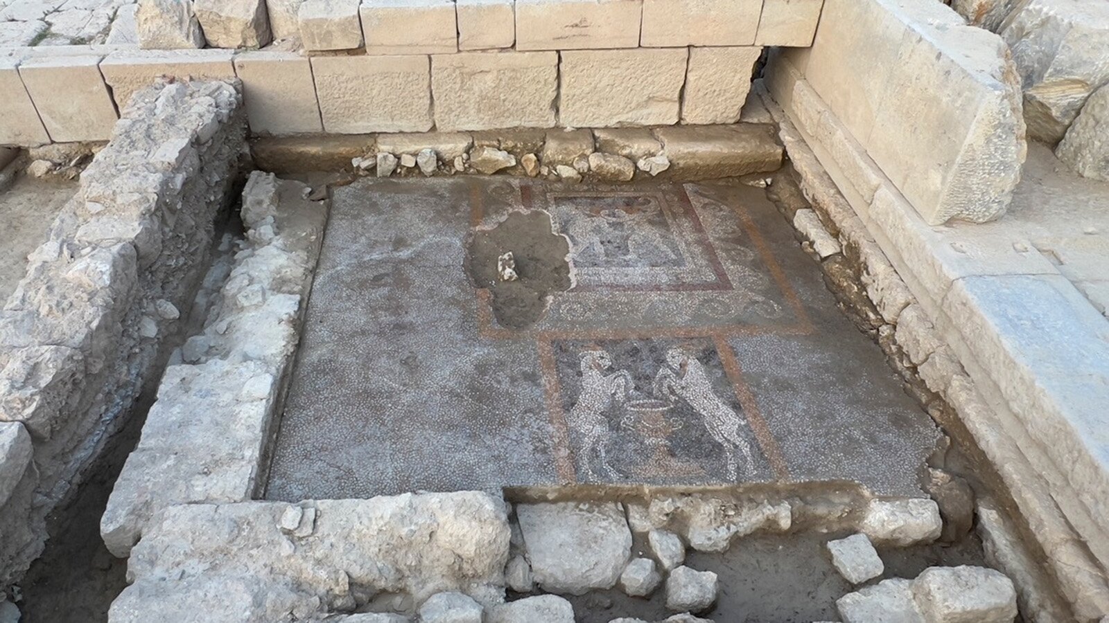 A close-up of an ancient mosaic depicting two fighting cupids, discovered in the ruins of Teos near Izmir, Türkiye. The mosaic is part of a structure dating to the 3rd century BCE.