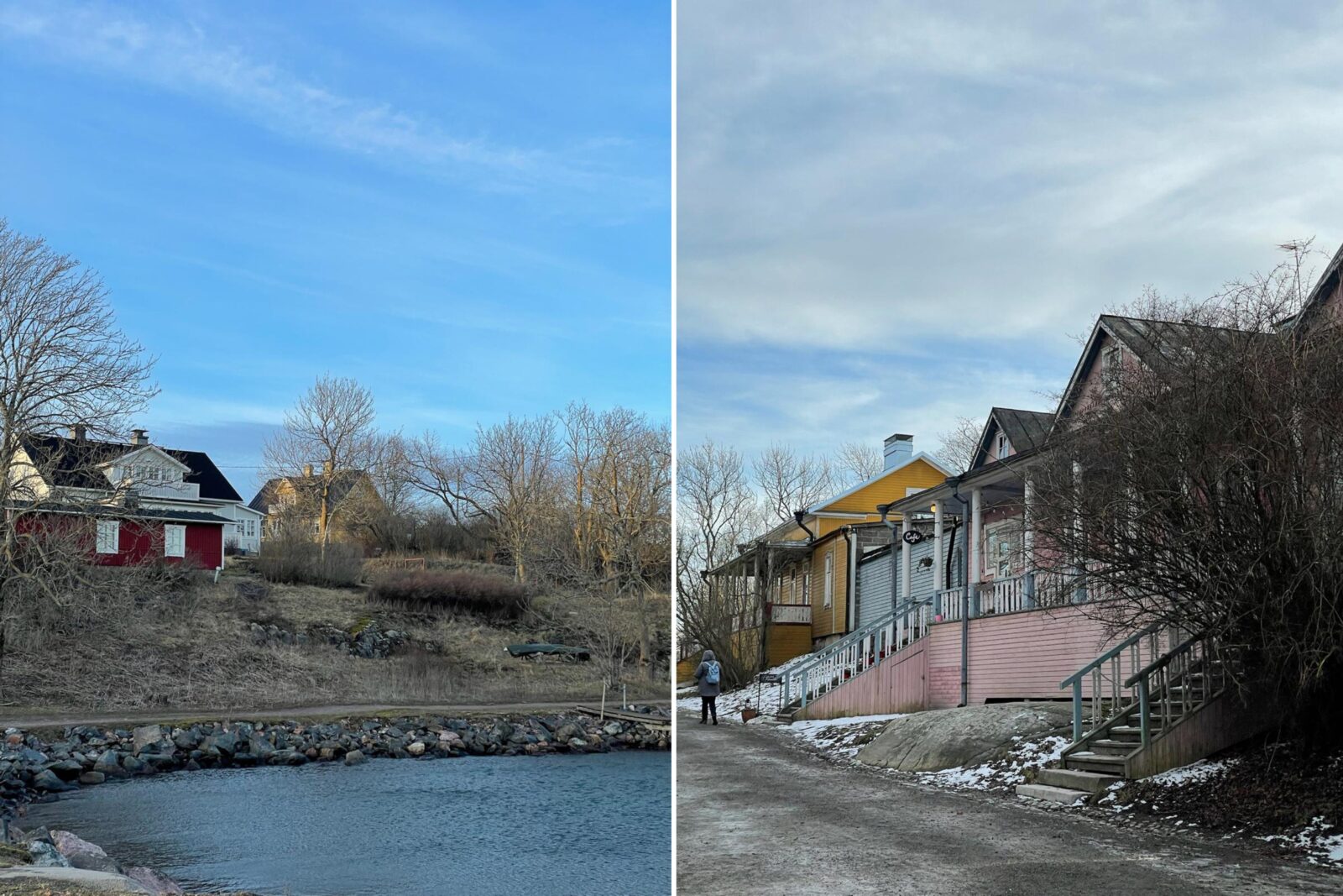 Colorful traditional houses on Suomenlinna Island, Finland, with a peaceful winter atmosphere.