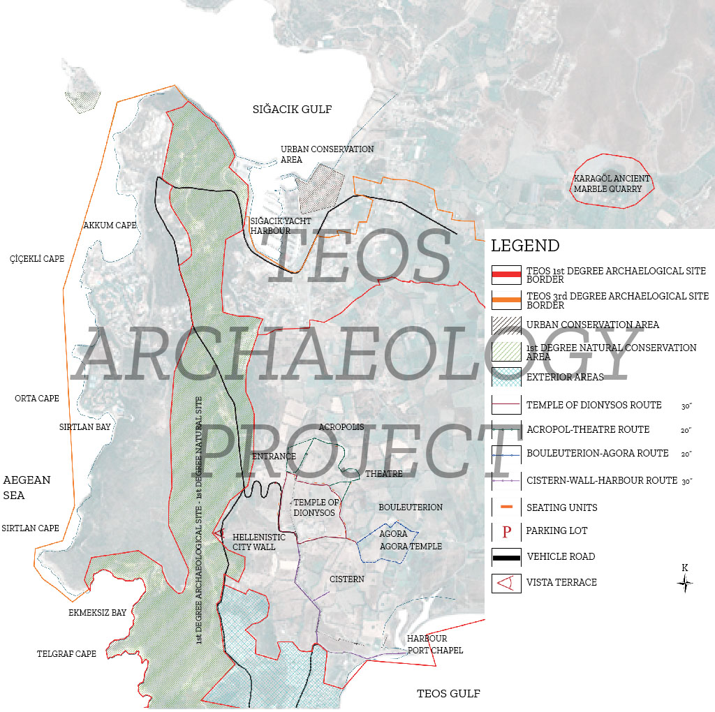A detailed map of the Teos Archaeological Project, highlighting excavation sites, historical structures, and conservation areas in Teos, Türkiye.