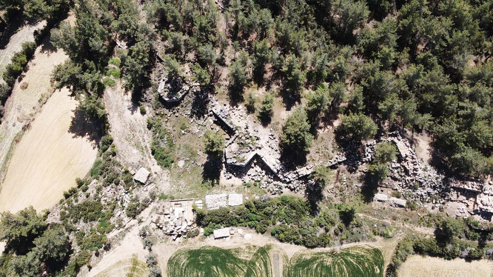 Aerial view of ancient city walls in Hyllarima, Mugla, Türkiye.