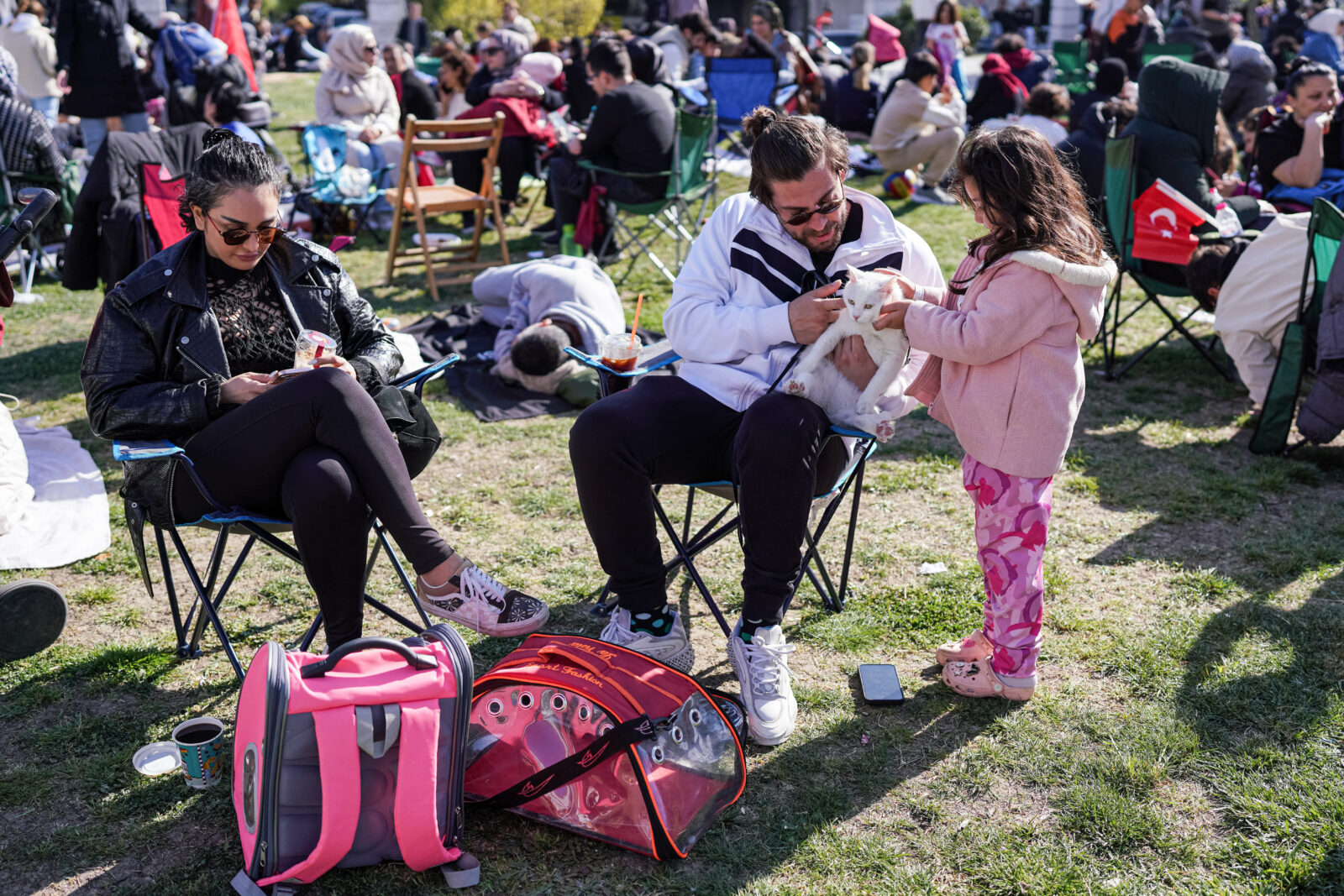 Residents in Istanbul gather in parks with their pets after a 6.2 magnitude earthquake off the coast of Silivri on April 23, 2025.