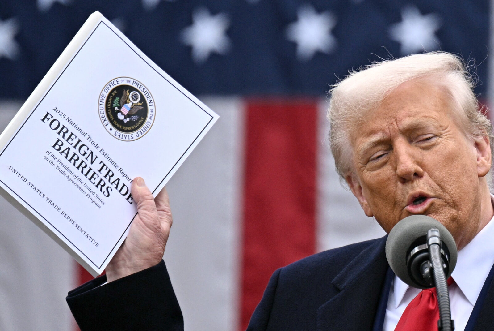 Photo shows U.S. President Donald Trump delivering remarks.