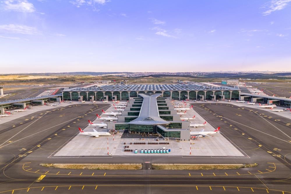 Istanbul Airport terminal with Turkish Airlines aircraft parked