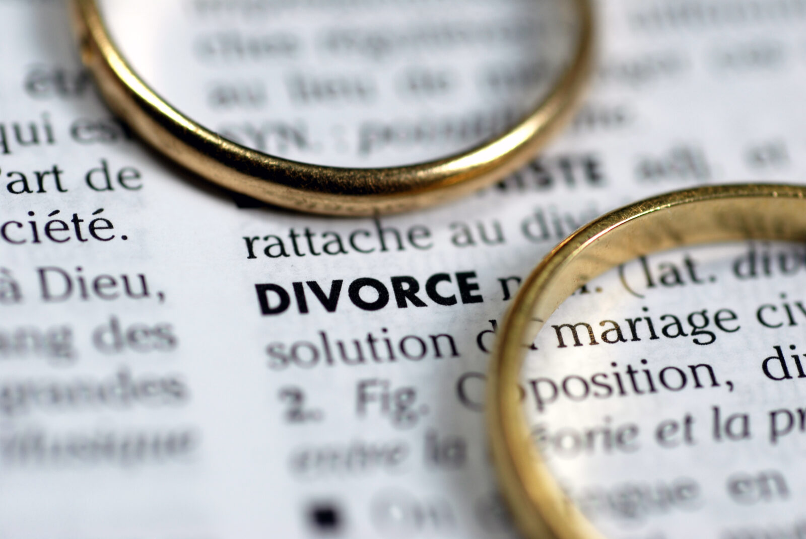 Two gold wedding bands resting on a dictionary page with 