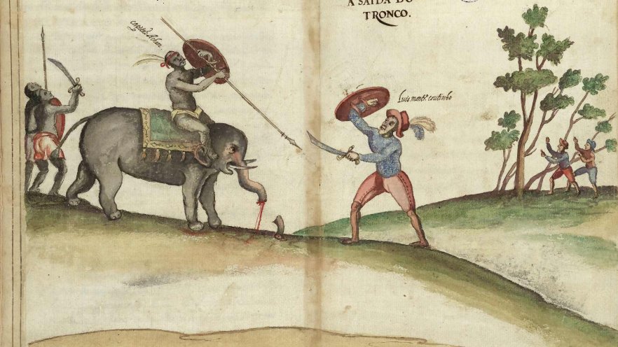 Luis Monteiro Coutinho cuts the trunk of his elephant while fighting an Aceh Captain