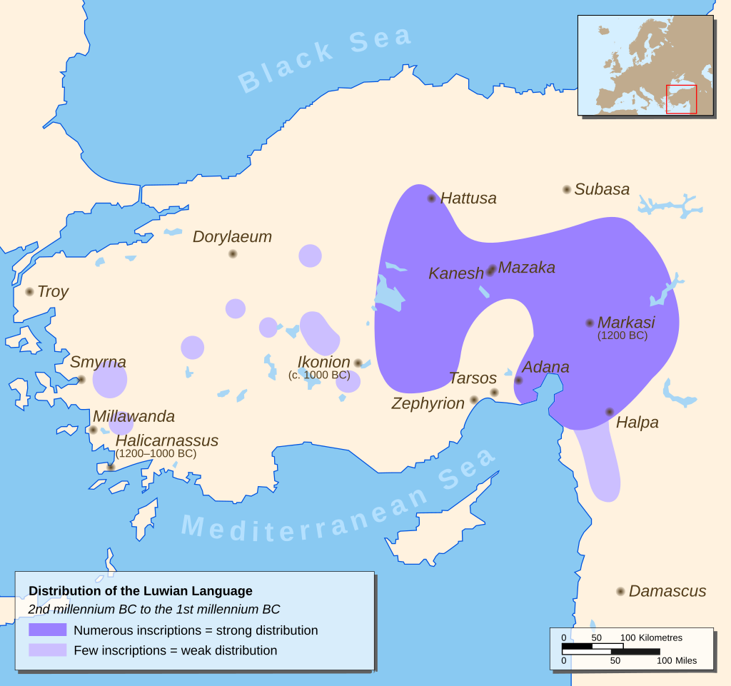 Map of Anatolia illustrating the distribution of the Luwian Language from the 2nd to 1st millennium B.C. - Anatolian hieroglyphs