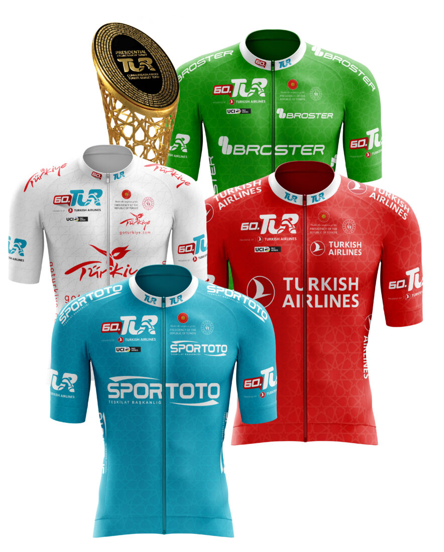 The jerseys and trophy  of the 60th Presidential Cycling Tour of Türkiye