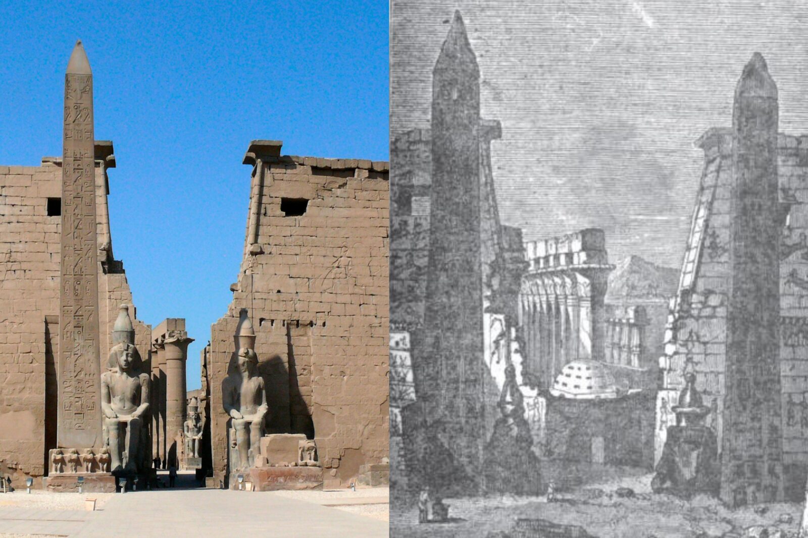 Left: A different obelisk from the one stolen; Right: An 1832 illustration of Luxor Temple before the right obelisk was moved to Paris.