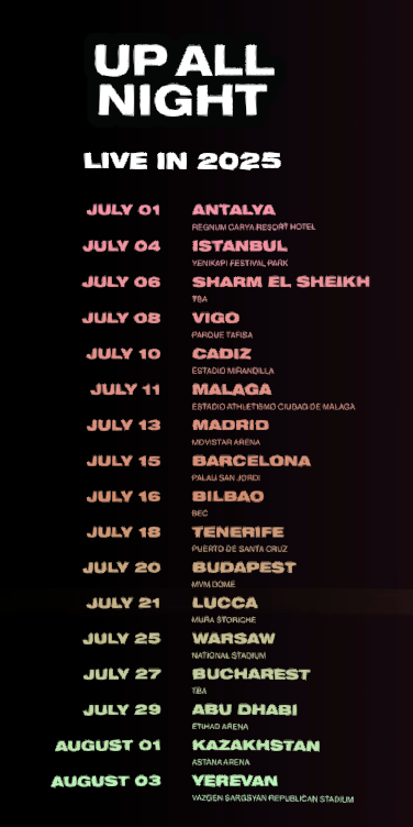 A screenshot displays upcoming event dates for Jennifer Lopez, including several city names and dates.