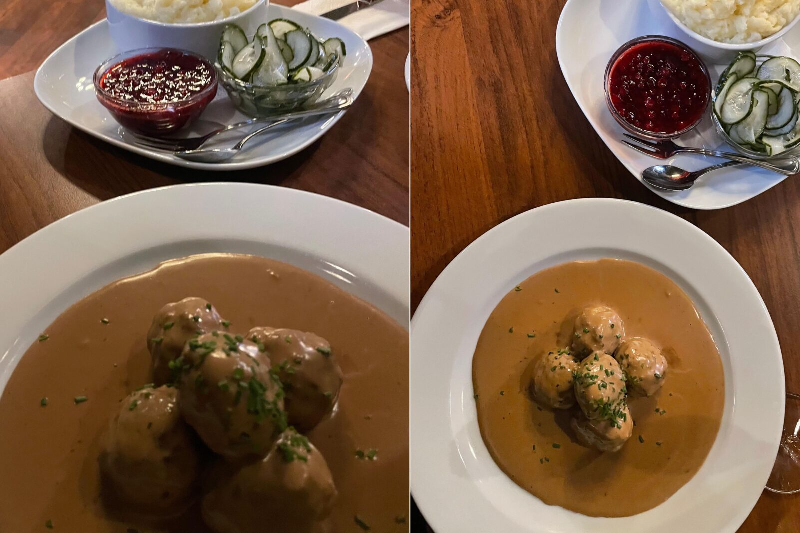 The famous Swedish meatballs are served with a special sauce, mashed potatoes, pickled cucumbers, and lingonberry jam