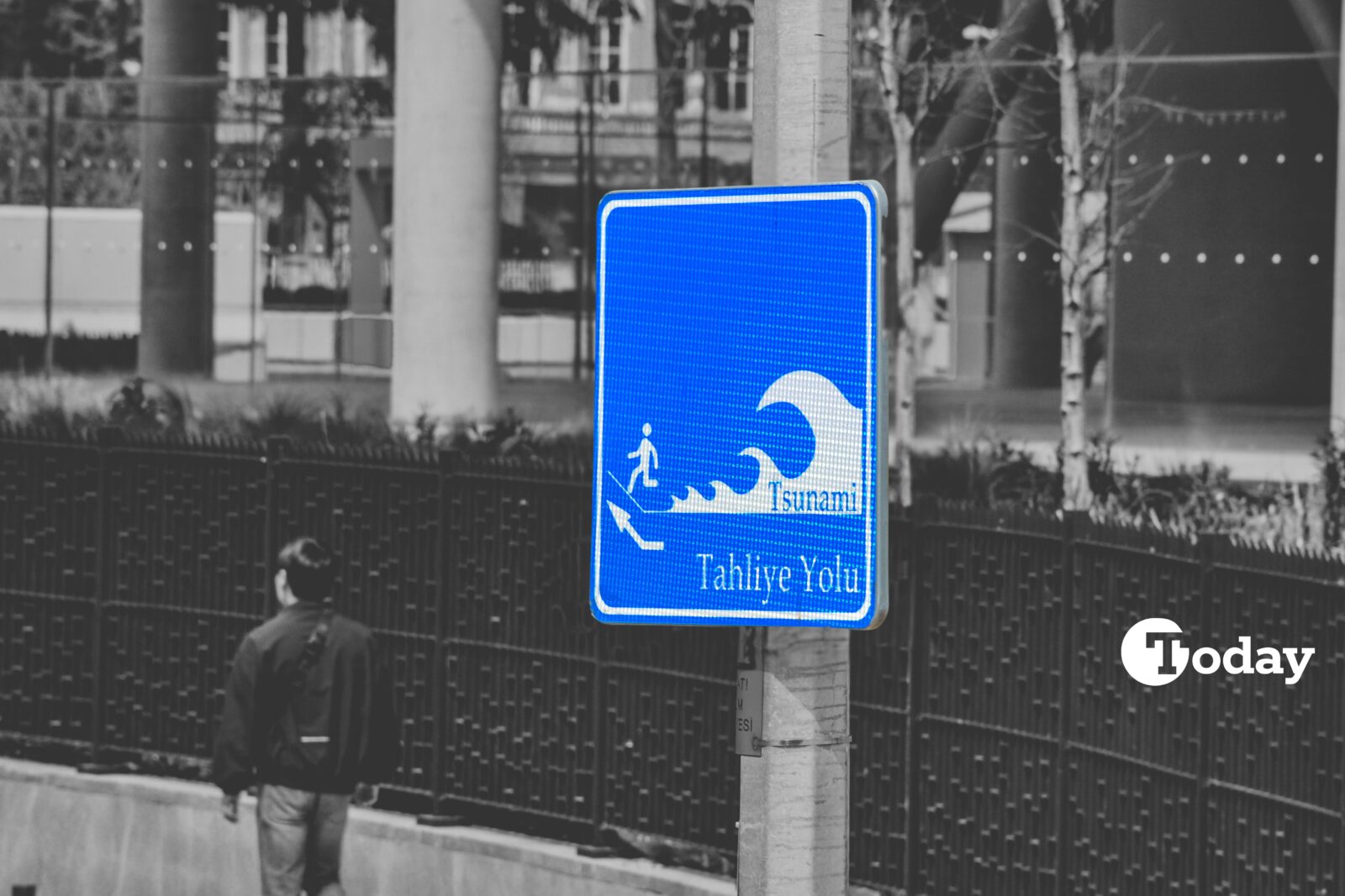 Tsunami escape route sign in Galata port, earthquake